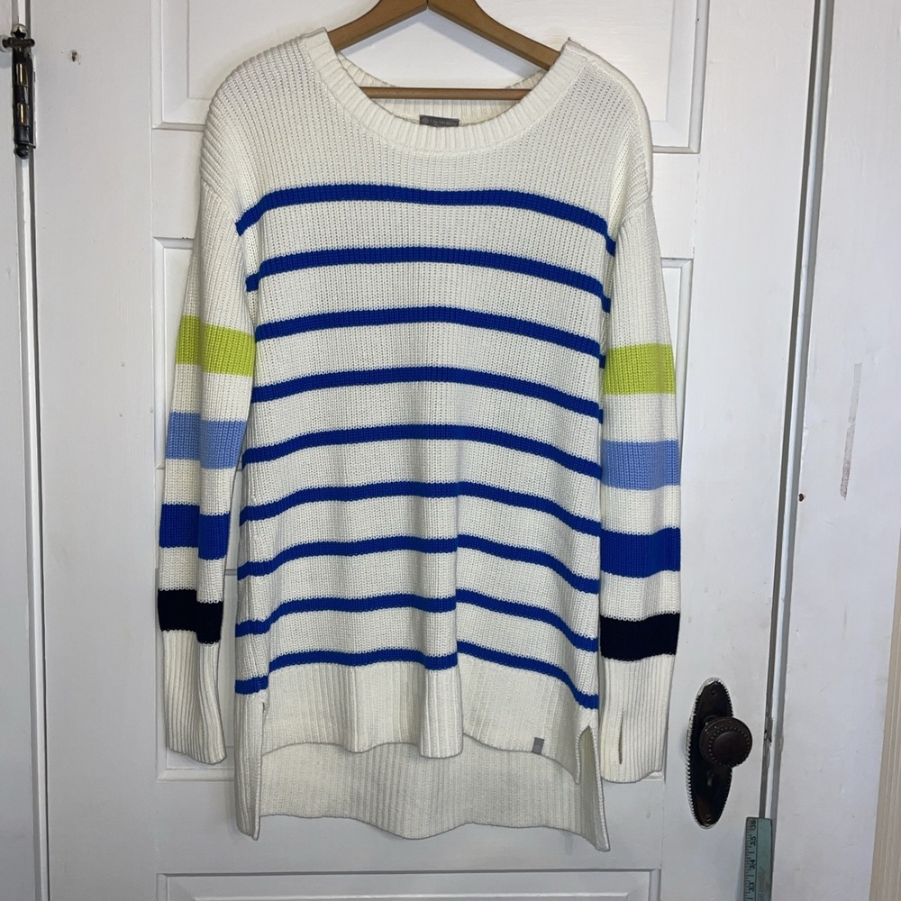 T by Talbots | Long Sweater Horizontal Stripes Color Block Large Hi Lo Back
